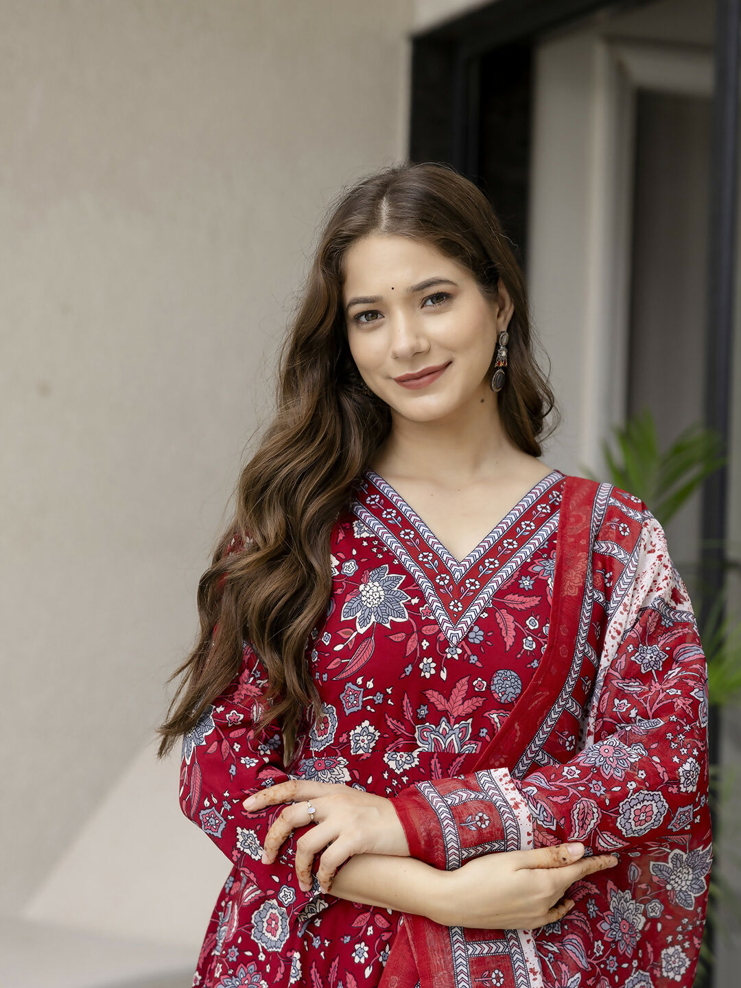The52 Maroon Women's Gorgeous Rayon Fabric Printed Work Flared Kurta, Pant and Dupatta Set - Distacart