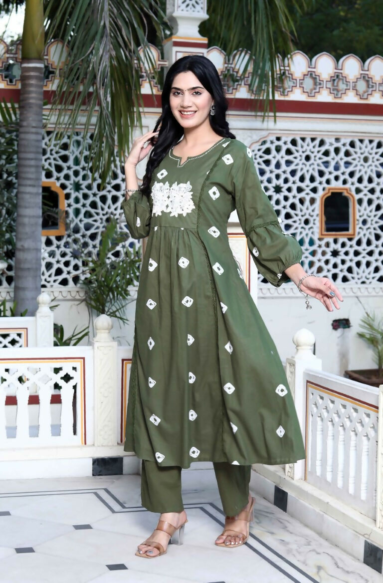 Miravan Women's Moti And Chikan Embroidered Bandhani Printed A-Line Mehandi Kurta Palazzo Set
