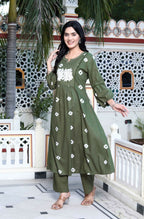 Miravan Women's Moti And Chikan Embroidered Bandhani Printed A-Line Mehandi Kurta Palazzo Set