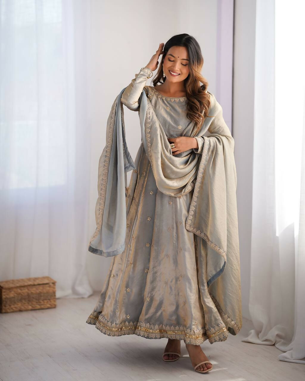 The52 Women's Beautiful Fandy Silk Fabric Embroidery Work Flared Anarkali Pant and Dupatta Set - Distacart
