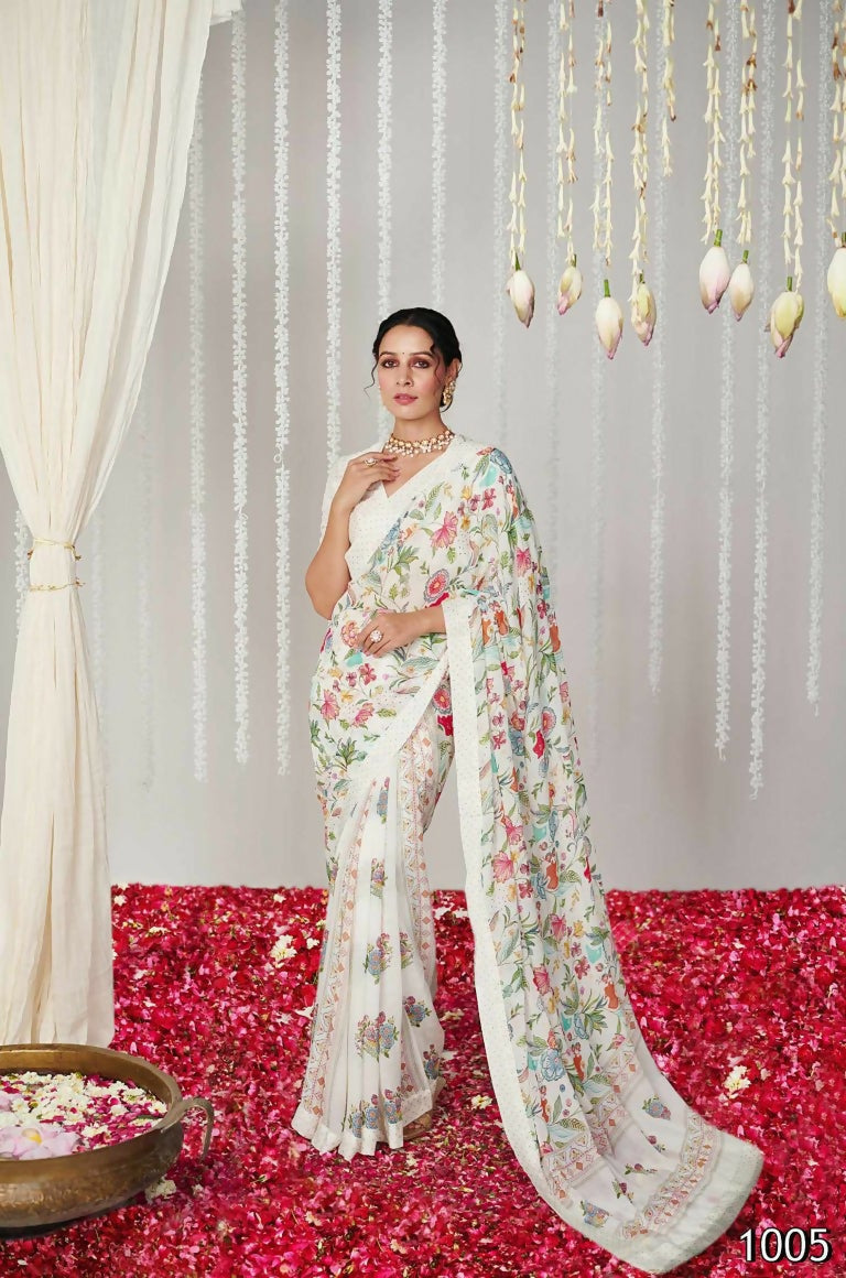 Partywear Designer White Bright Moss Fancy Saree - Durga