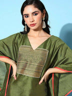 Ahalyaa Women Mehendi Poly Silk Gold Printed Kaftan Kurta - Distacart