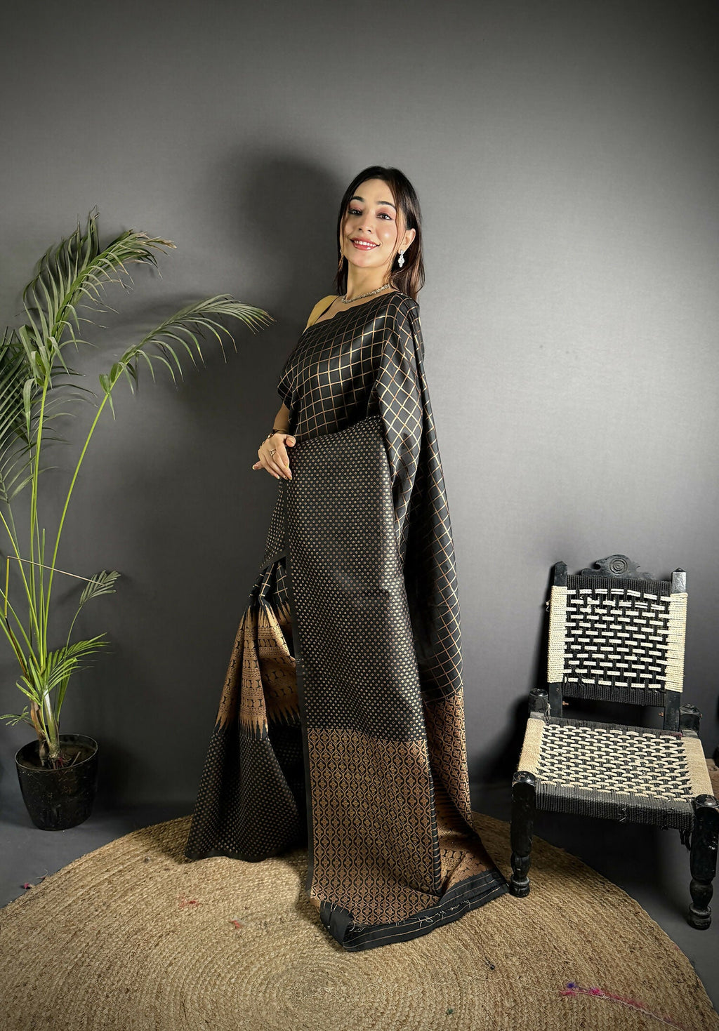 Joban Fashion Black Banarasi Soft Lichi Silk Checks & Woven Saree - Distacart