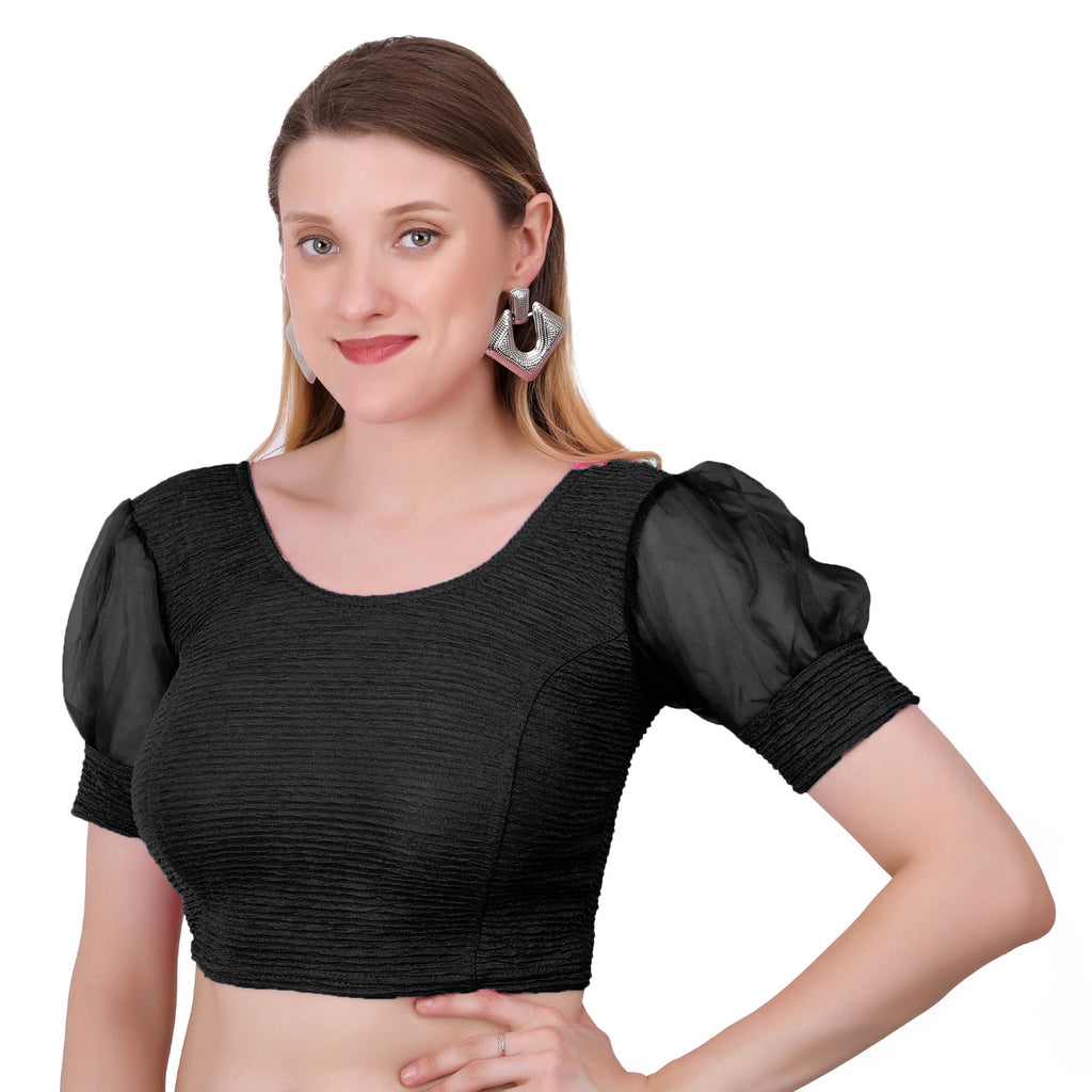 Vamika Cotton Lycra Stretchable Fabric Black Balloon Sleeves Blouse