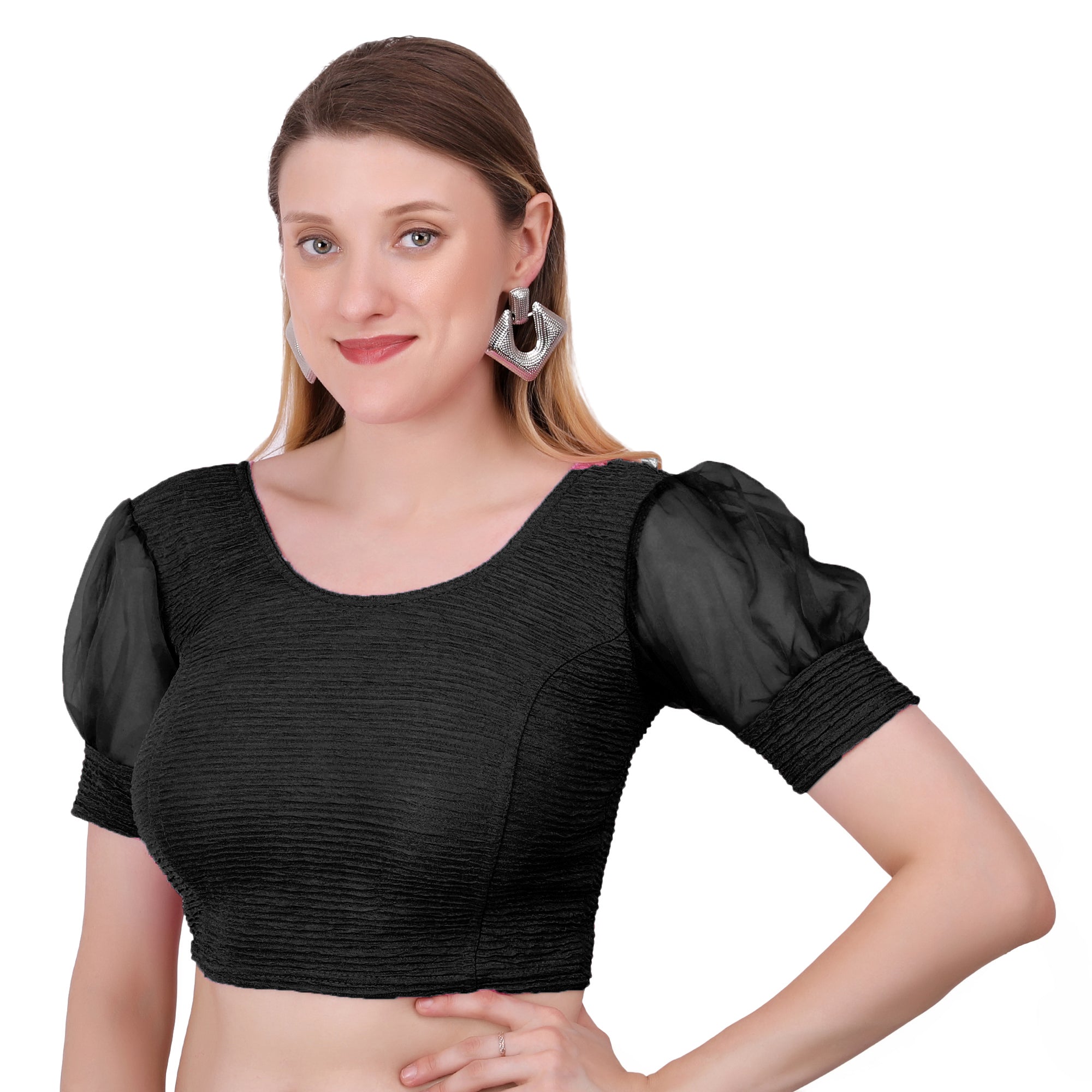 Vamika Cotton Lycra Stretchable Fabric Black Balloon Sleeves Blouse