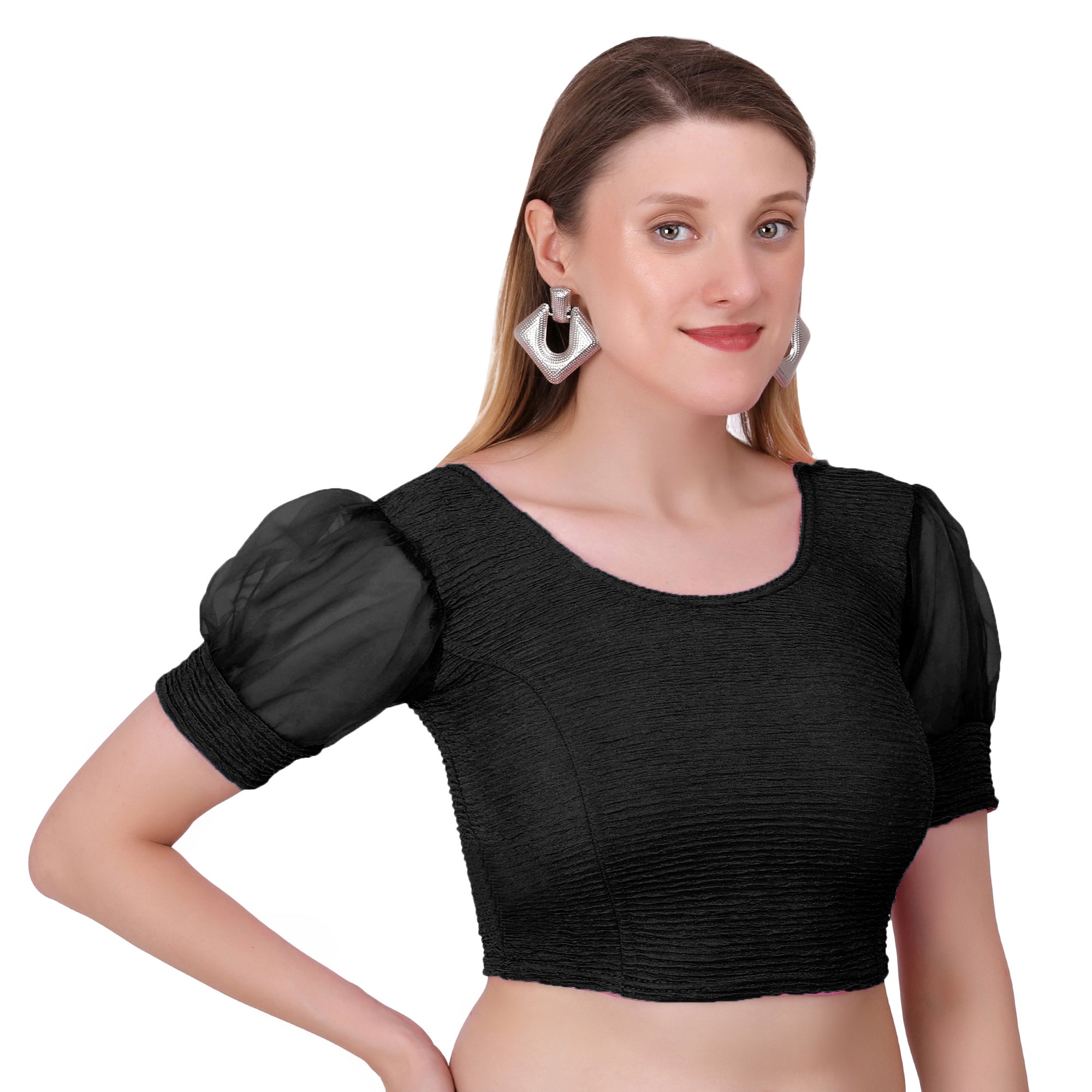 Vamika Cotton Lycra Stretchable Fabric Black Balloon Sleeves Blouse