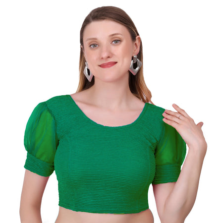 Vamika Cotton Lycra Stretchable Fabric Bottle Green Balloon Sleeves Blouse