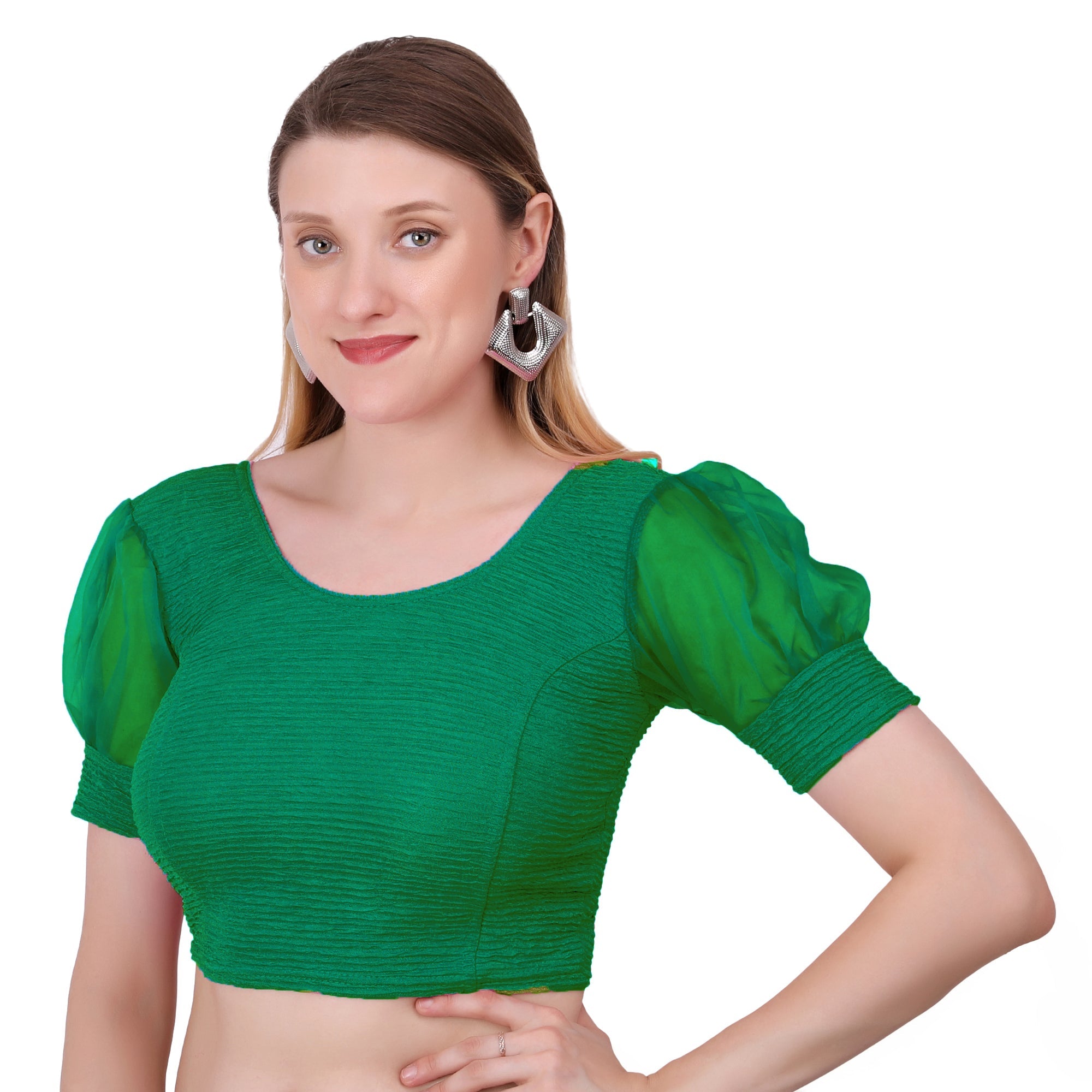 Vamika Cotton Lycra Stretchable Fabric Bottle Green Balloon Sleeves Blouse