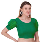 Vamika Cotton Lycra Stretchable Fabric Bottle Green Balloon Sleeves Blouse