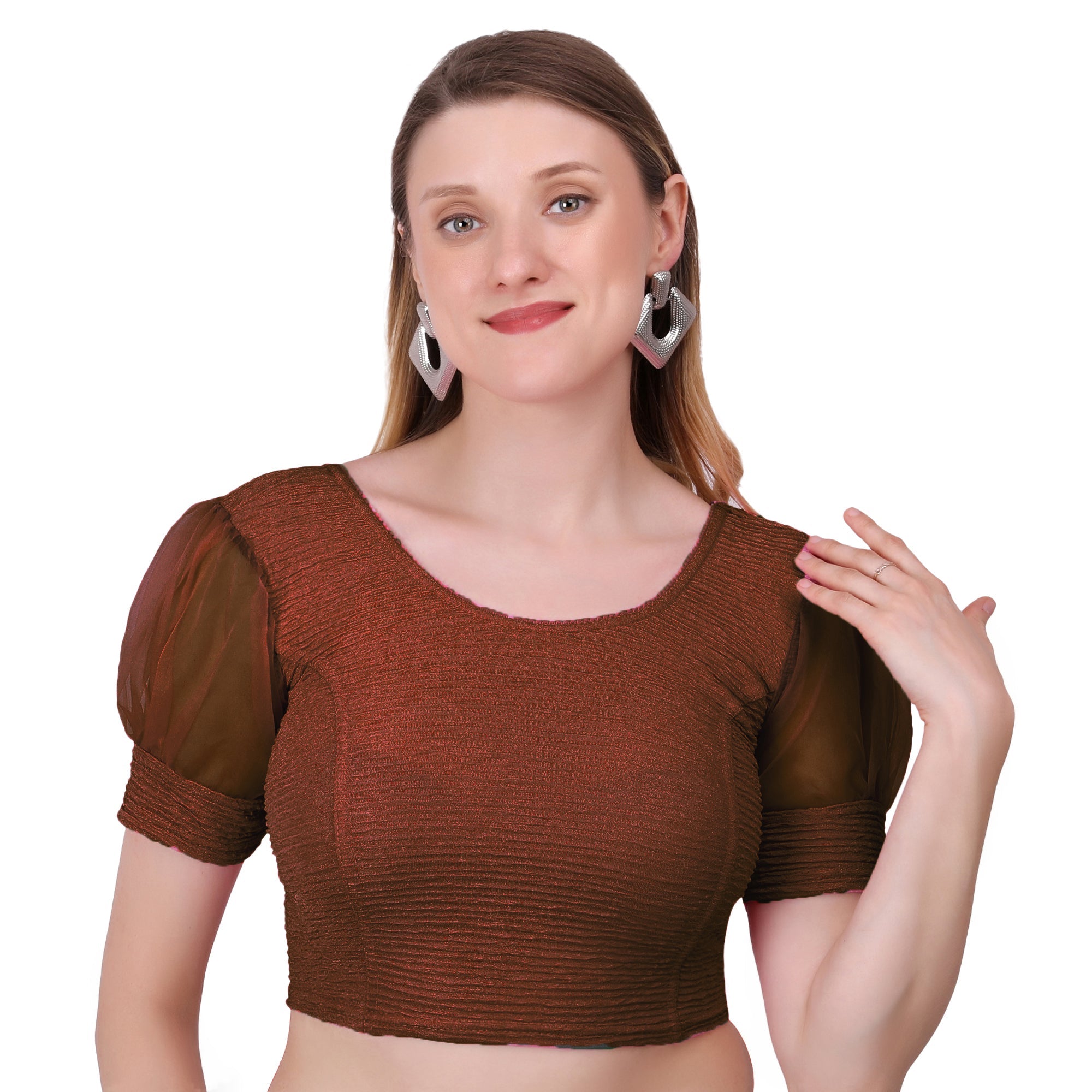 Vamika Cotton Lycra Stretchable Fabric Brown Balloon Sleeves Blouse