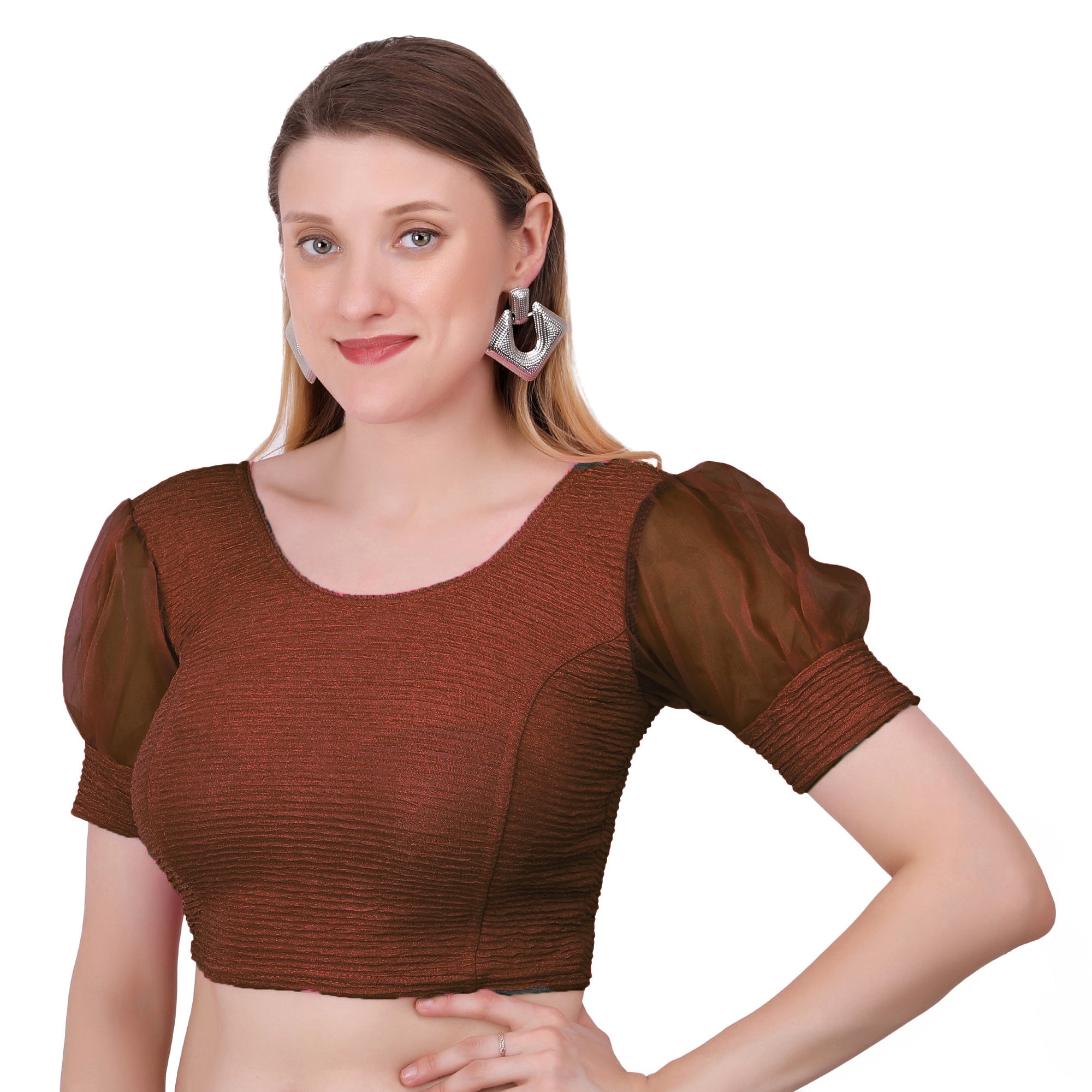 Vamika Cotton Lycra Stretchable Fabric Brown Balloon Sleeves Blouse