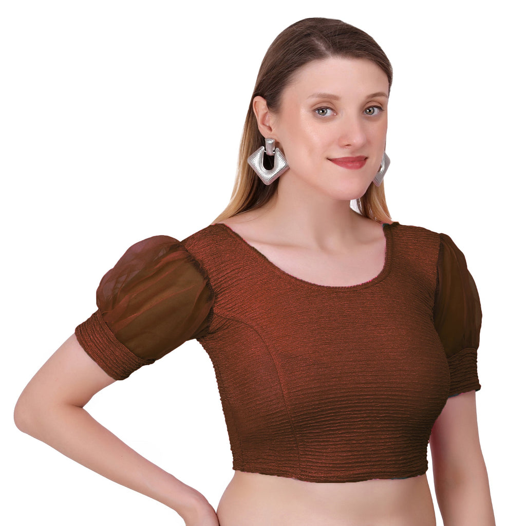 Vamika Cotton Lycra Stretchable Fabric Brown Balloon Sleeves Blouse