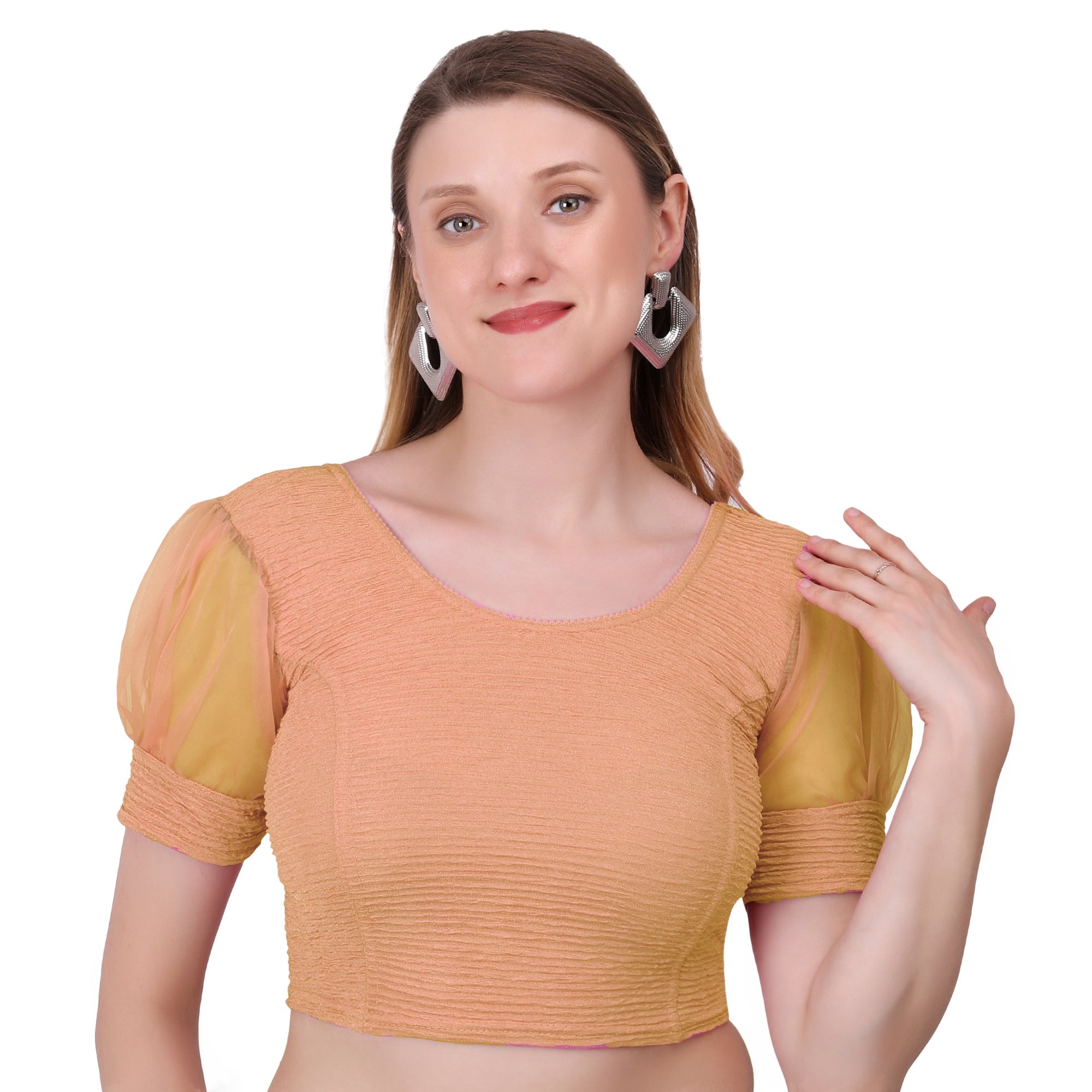 Vamika Cotton Lycra Stretchable Fabric Gold Balloon Sleeves Blouse