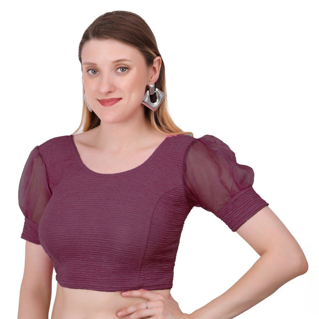 Vamika Cotton Lycra Stretchable Fabric Purple Balloon Sleeves Blouse