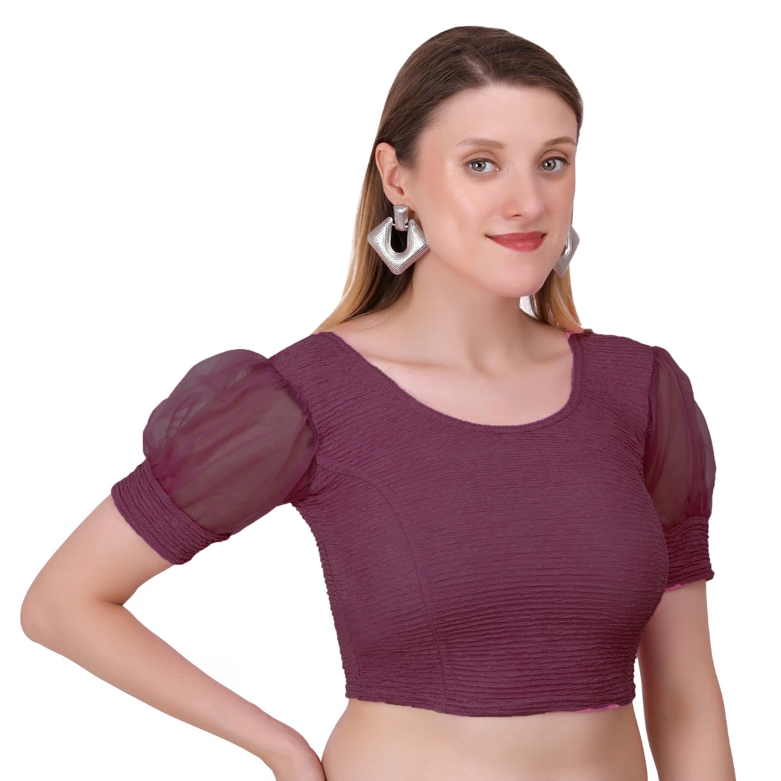 Vamika Cotton Lycra Stretchable Fabric Purple Balloon Sleeves Blouse