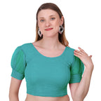 Vamika Cotton Lycra Stretchable Fabric Metalic Green Balloon Sleeves Blouse