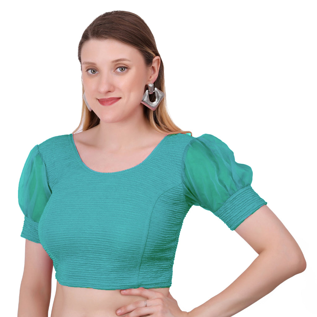 Vamika Cotton Lycra Stretchable Fabric Metalic Green Balloon Sleeves Blouse