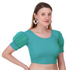 Vamika Cotton Lycra Stretchable Fabric Metalic Green Balloon Sleeves Blouse