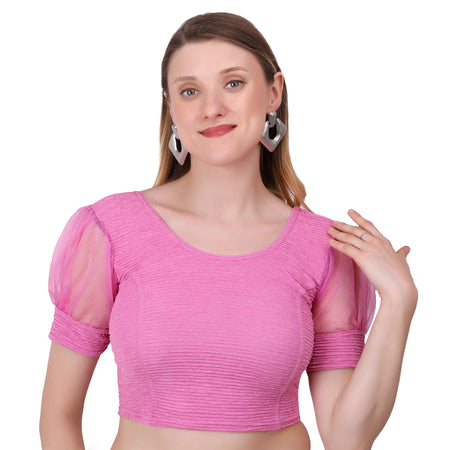 Vamika Cotton Lycra Stretchable Fabric Pink Balloon Sleeves Blouse