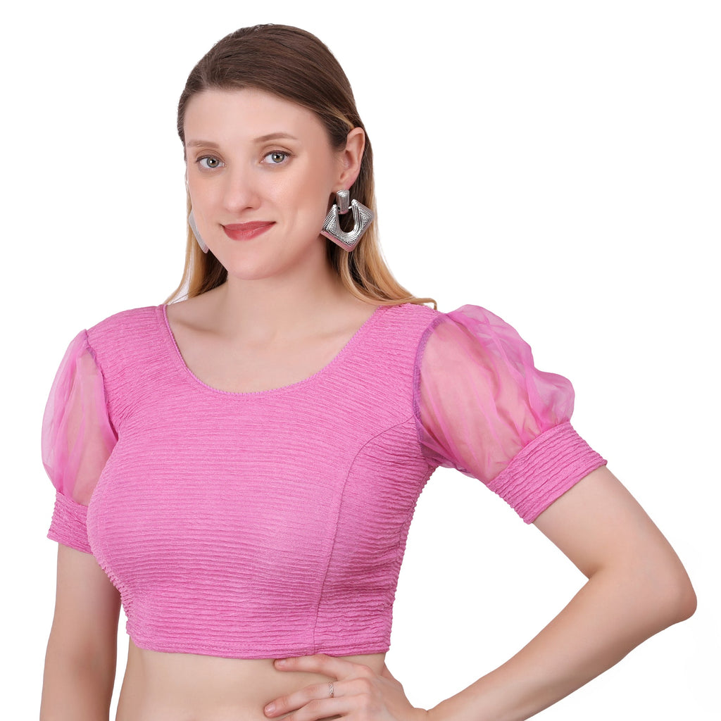 Vamika Cotton Lycra Stretchable Fabric Pink Balloon Sleeves Blouse