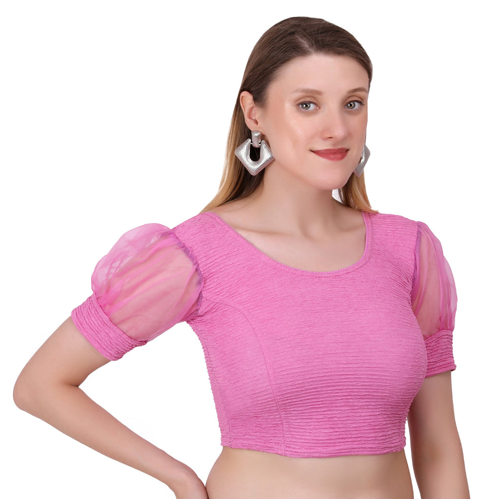 Vamika Cotton Lycra Stretchable Fabric Pink Balloon Sleeves Blouse