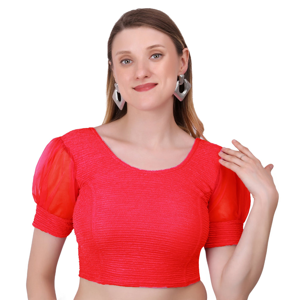 Vamika Cotton Lycra Stretchable Fabric Red Balloon Sleeves Blouse