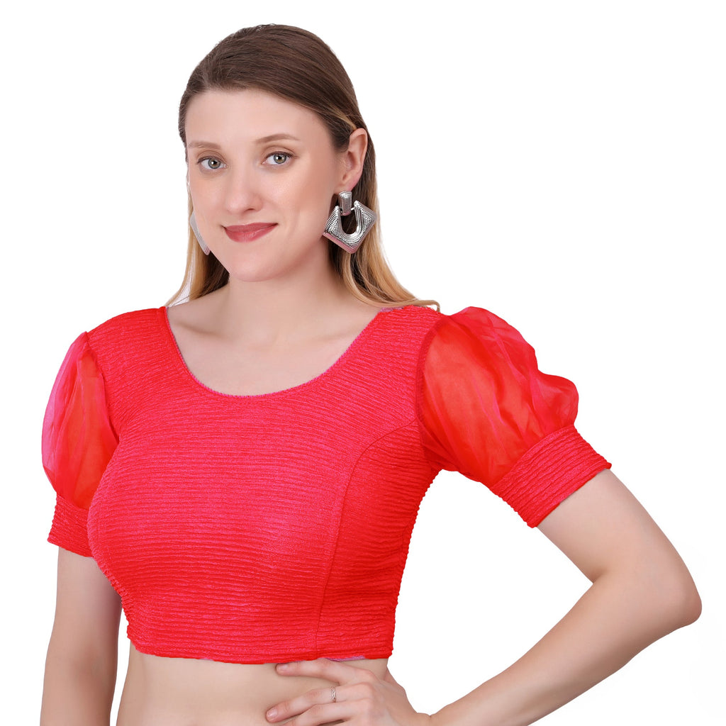 Vamika Cotton Lycra Stretchable Fabric Red Balloon Sleeves Blouse