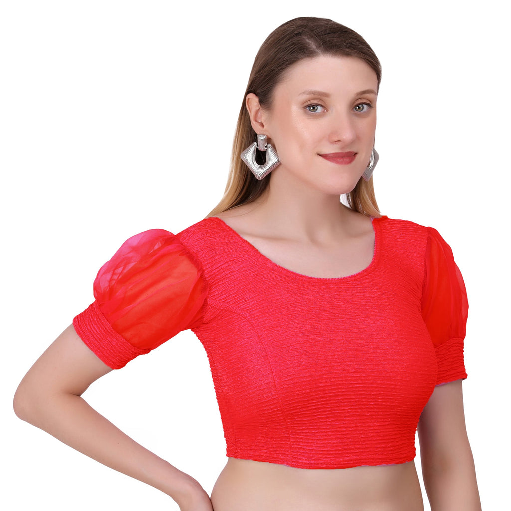Vamika Cotton Lycra Stretchable Fabric Red Balloon Sleeves Blouse