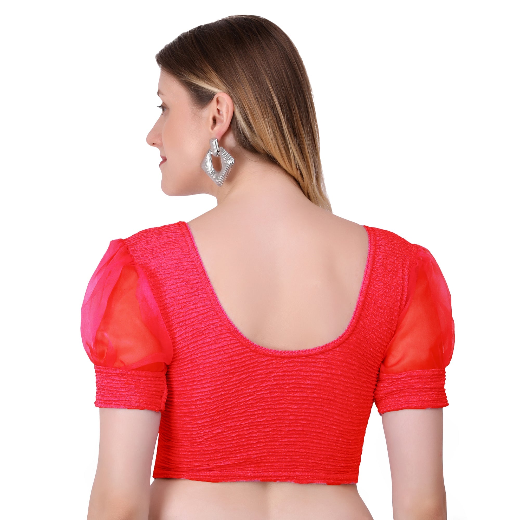 Vamika Cotton Lycra Stretchable Fabric Red Balloon Sleeves Blouse