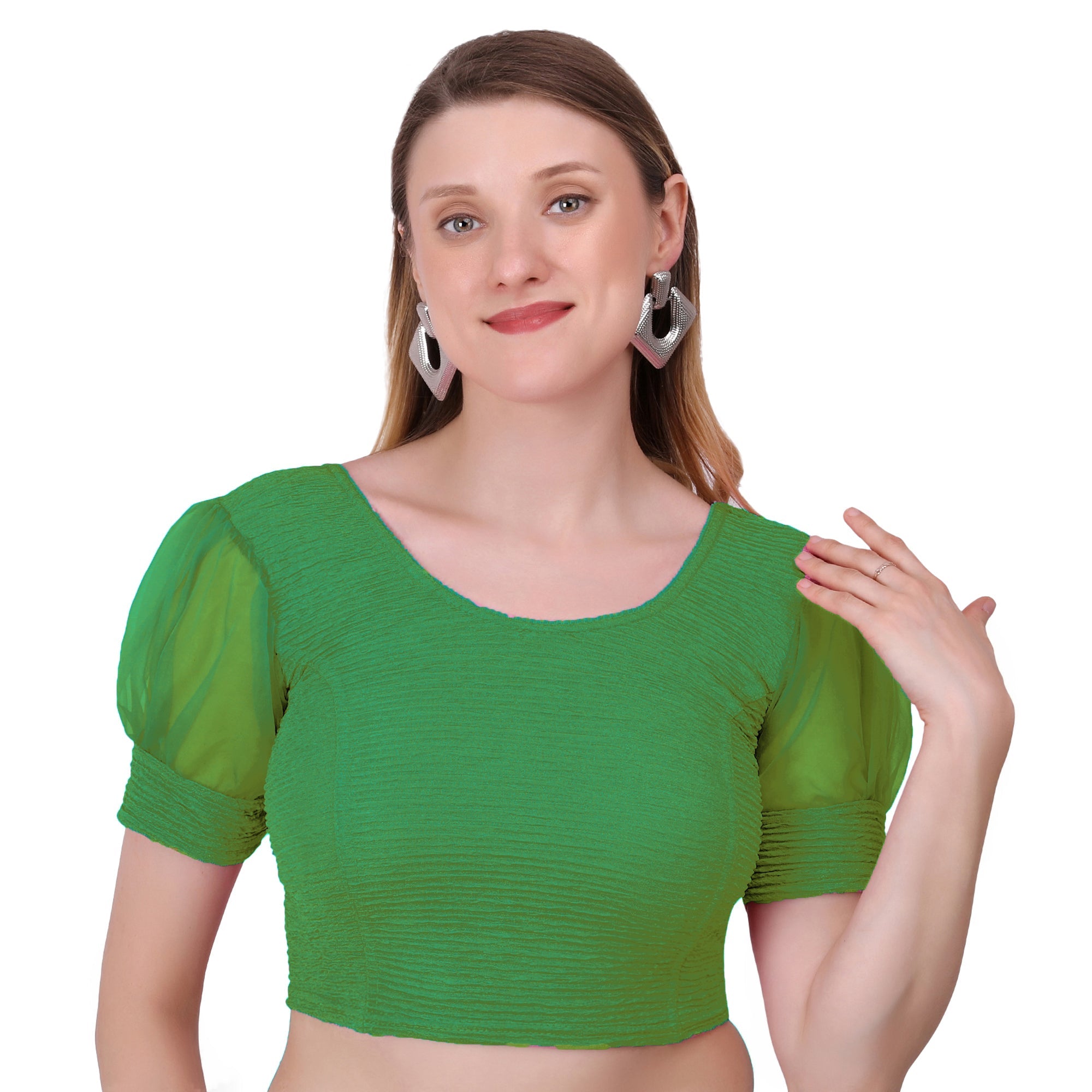 Vamika Cotton Lycra Stretchable Fabric Green Balloon Sleeves Blouse