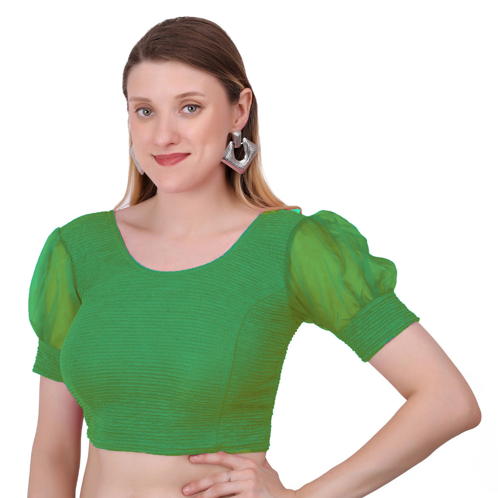 Vamika Cotton Lycra Stretchable Fabric Green Balloon Sleeves Blouse