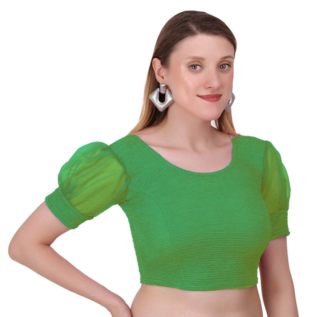 Vamika Cotton Lycra Stretchable Fabric Green Balloon Sleeves Blouse