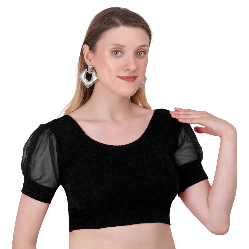 Vamika Cotton Lycra Stretchable Fabric Black Balloon Sleeves Blouse