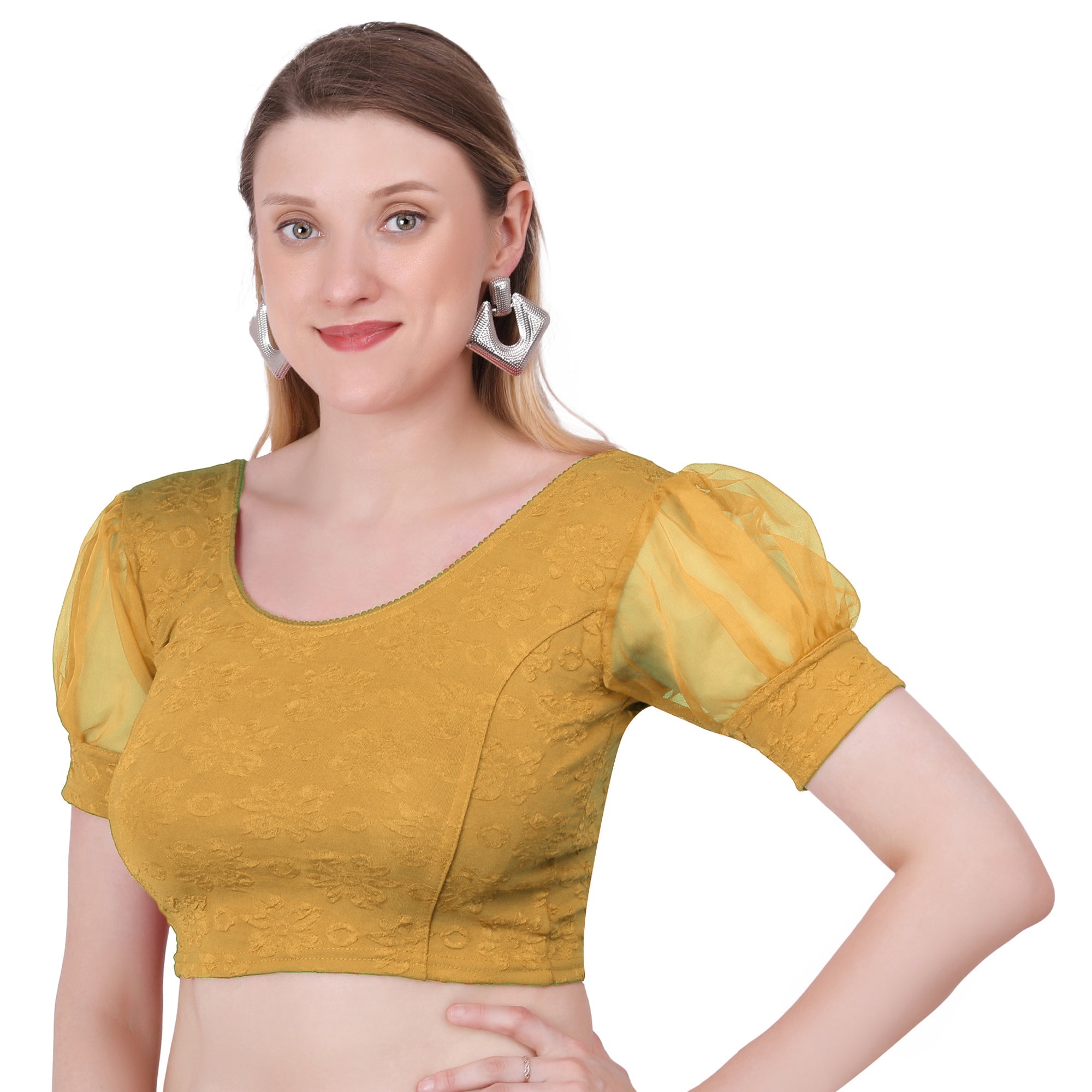 Vamika Cotton Lycra Stretchable Fabric Gold Balloon Sleeves Blouse