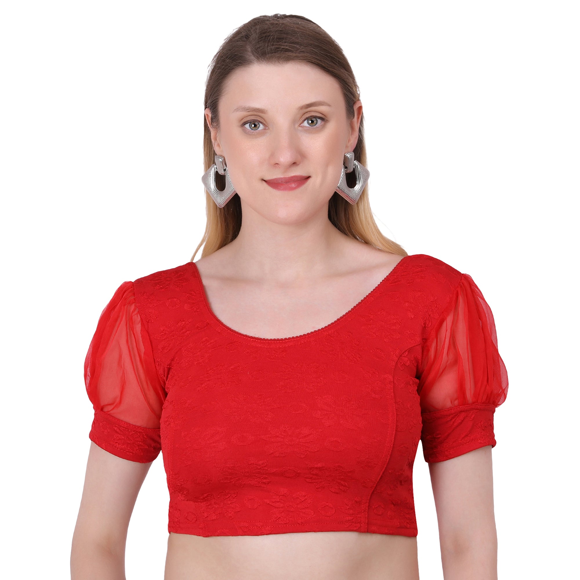 Vamika Cotton Lycra Stretchable Fabric Red Balloon Sleeves Blouse