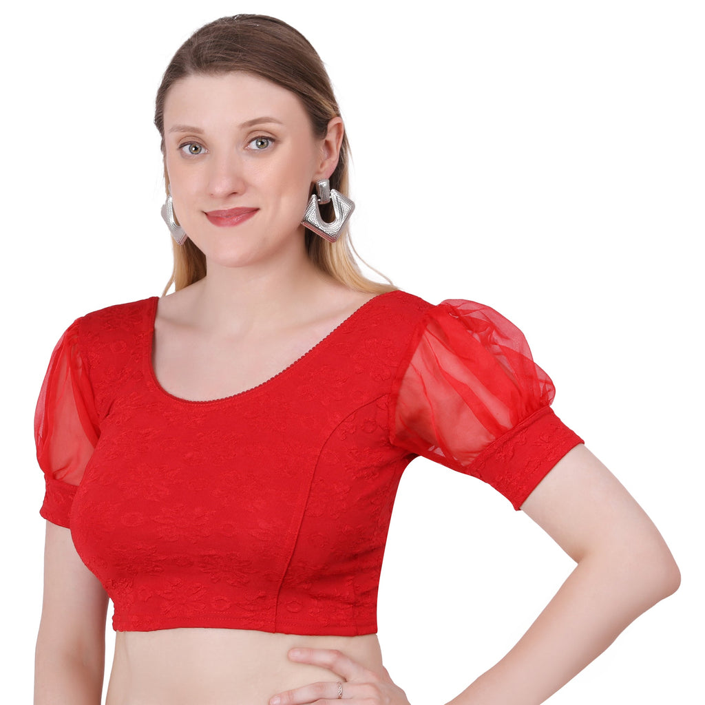 Vamika Cotton Lycra Stretchable Fabric Red Balloon Sleeves Blouse