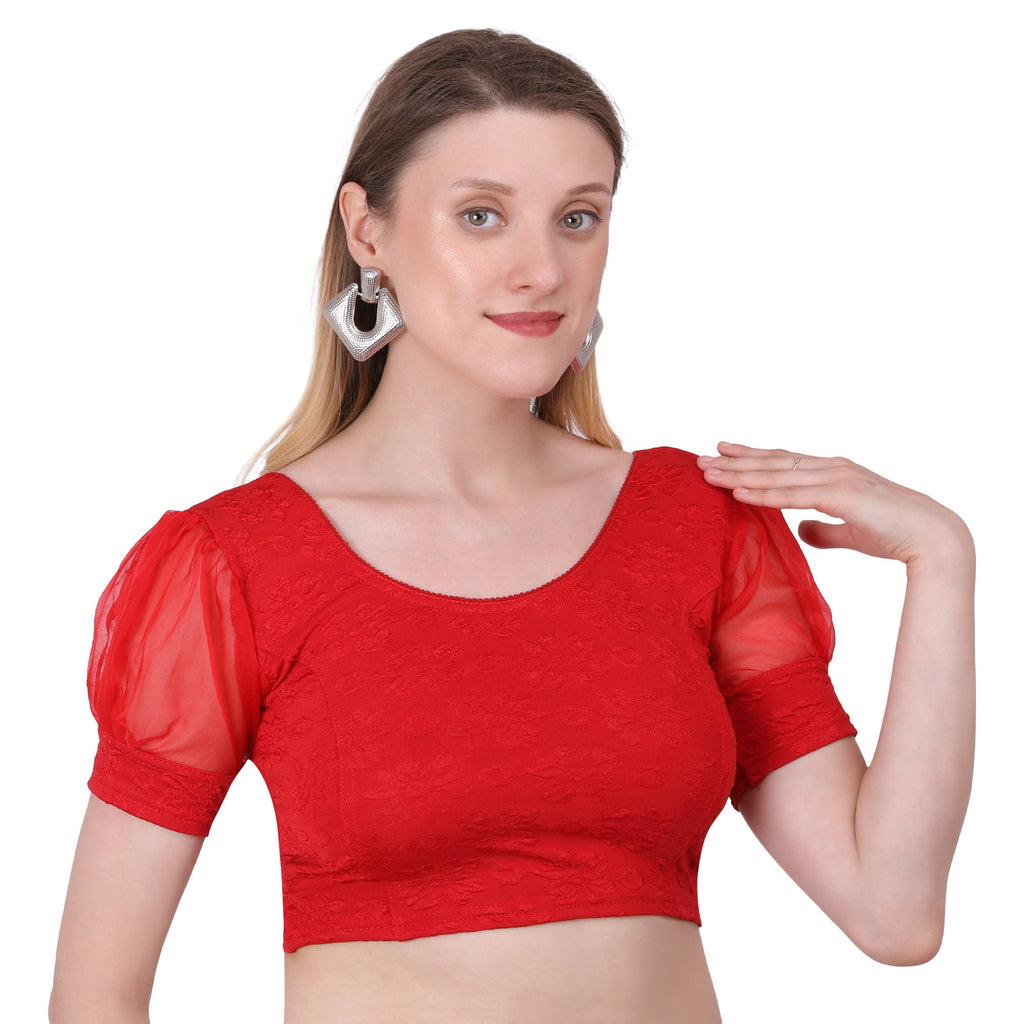 Vamika Cotton Lycra Stretchable Fabric Red Balloon Sleeves Blouse