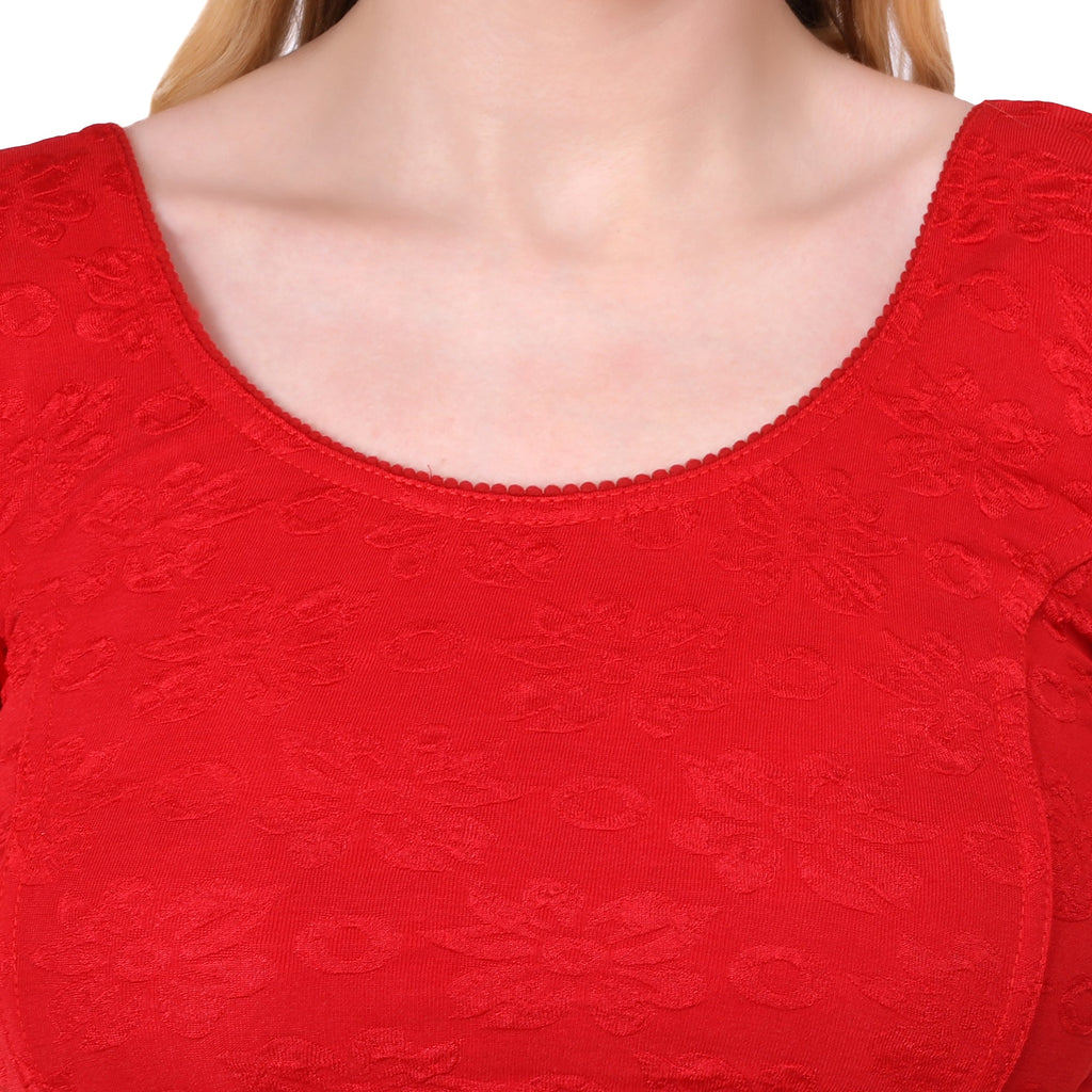Vamika Cotton Lycra Stretchable Fabric Red Balloon Sleeves Blouse