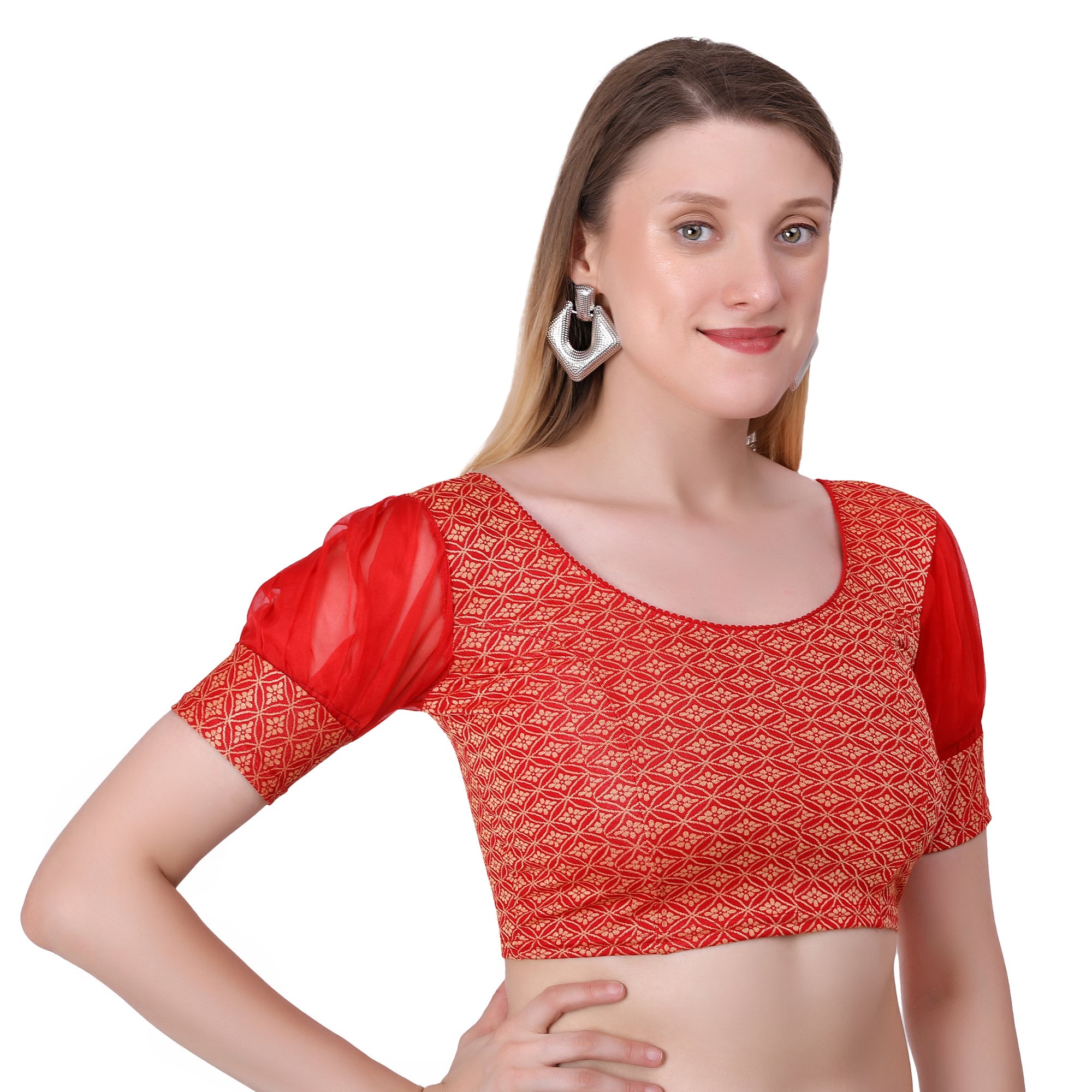Vamika Heavy Double Phase Fabric Red Balloon Sleeves Blouse