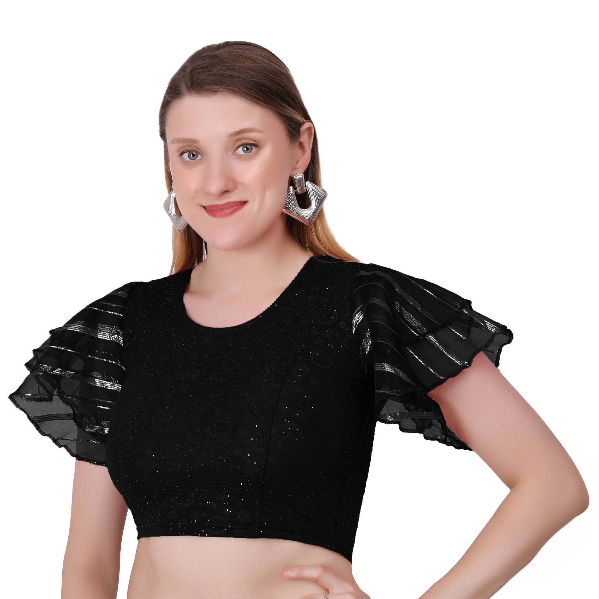 Vamika Crush Lycra Black Frill Sleeves Blouse