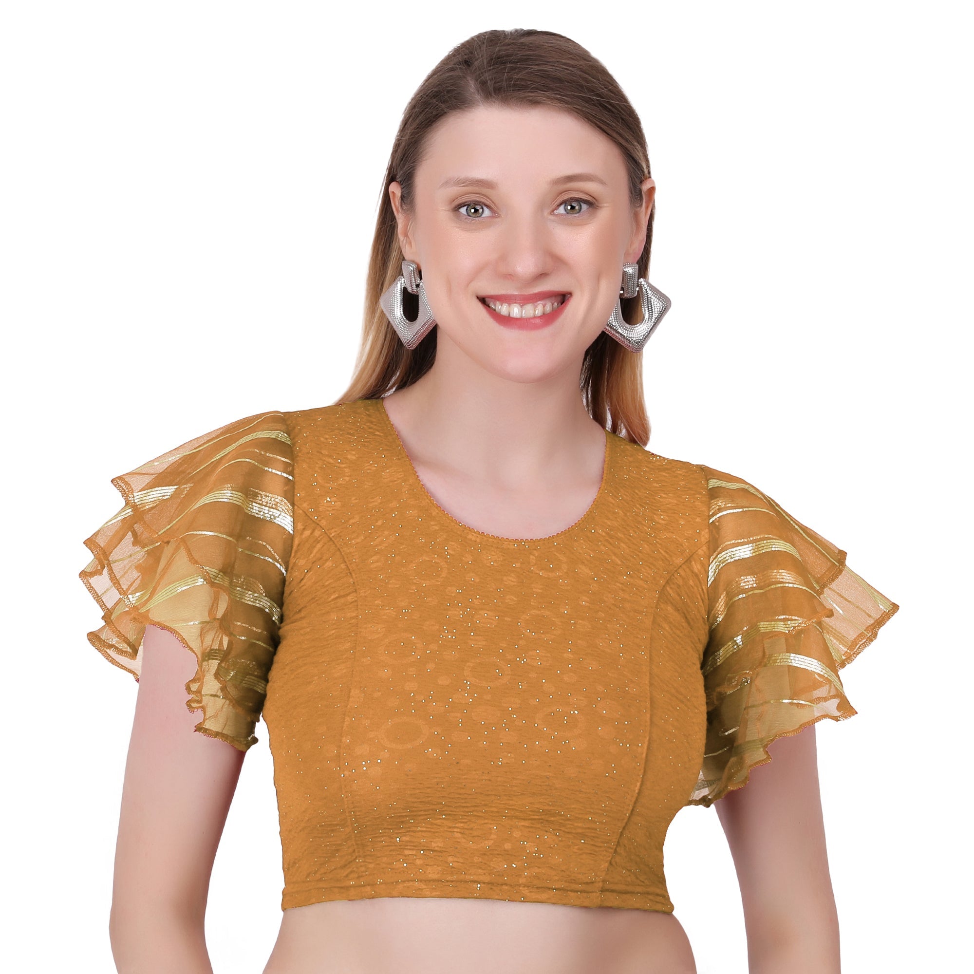 Vamika Crush Lycra Gold Frill Sleeves Blouse