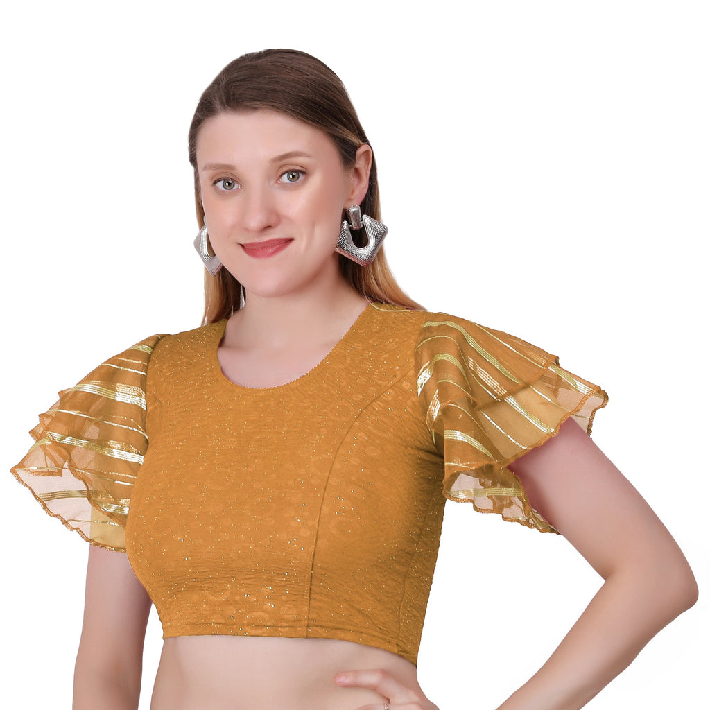 Vamika Crush Lycra Gold Frill Sleeves Blouse