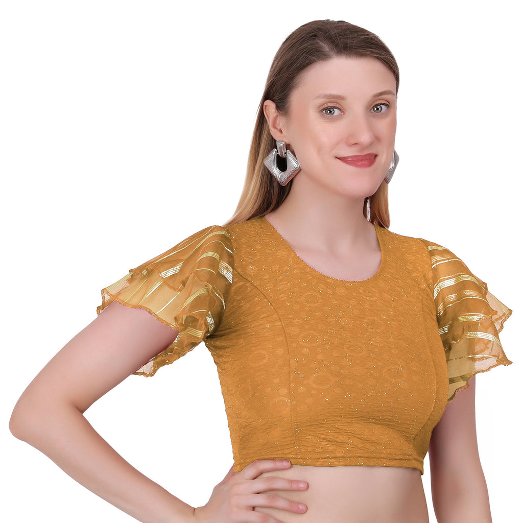 Vamika Crush Lycra Gold Frill Sleeves Blouse