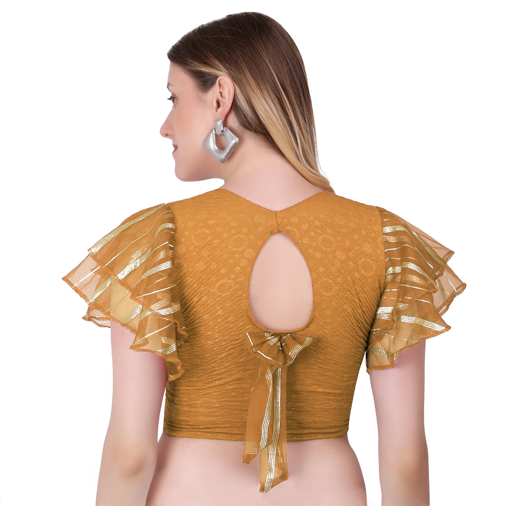 Vamika Crush Lycra Gold Frill Sleeves Blouse