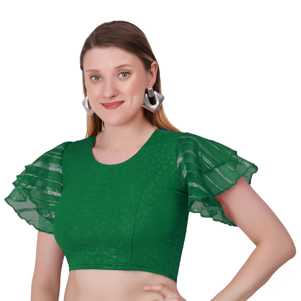 Vamika Crush Lycra Green Frill Sleeves Blouse