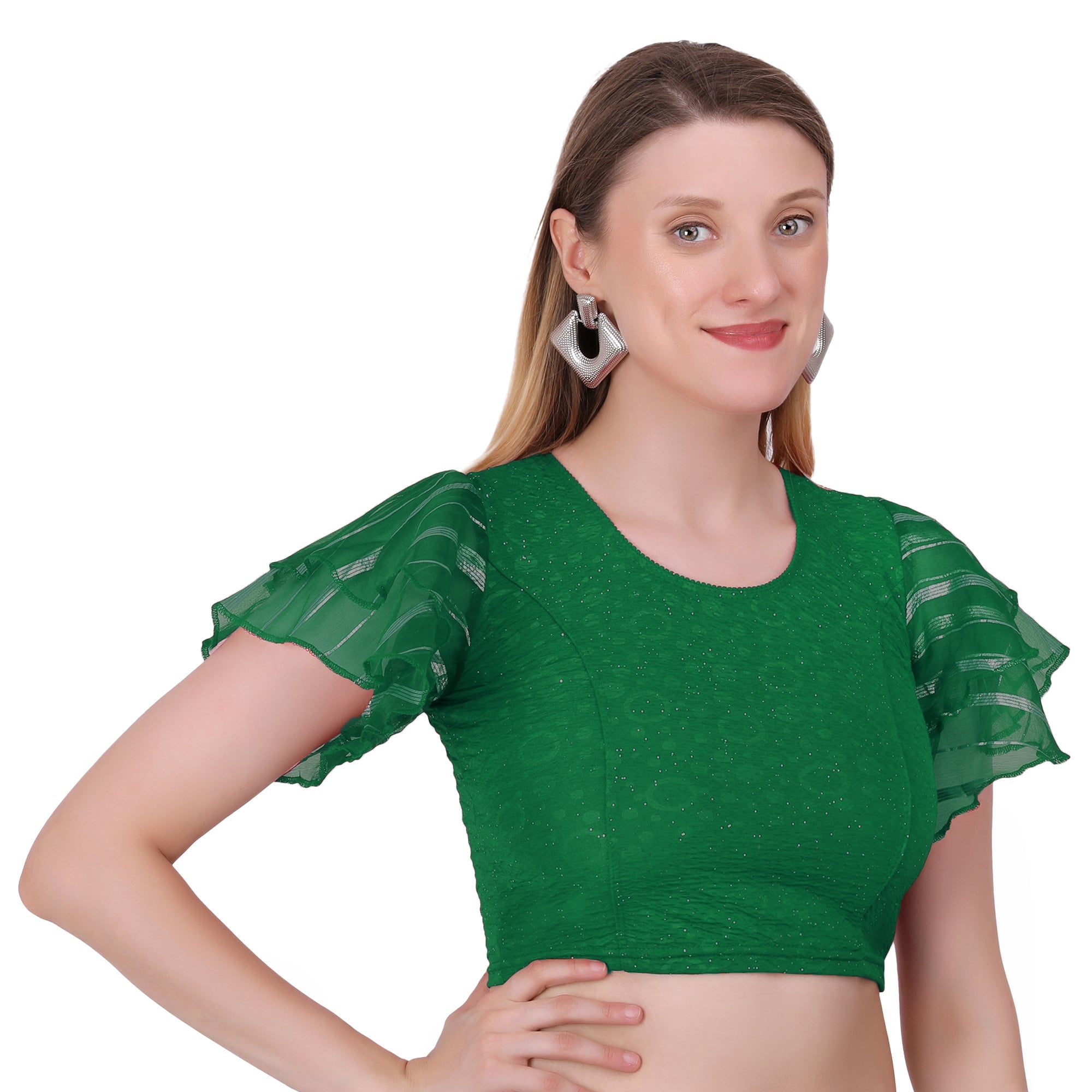 Vamika Crush Lycra Green Frill Sleeves Blouse