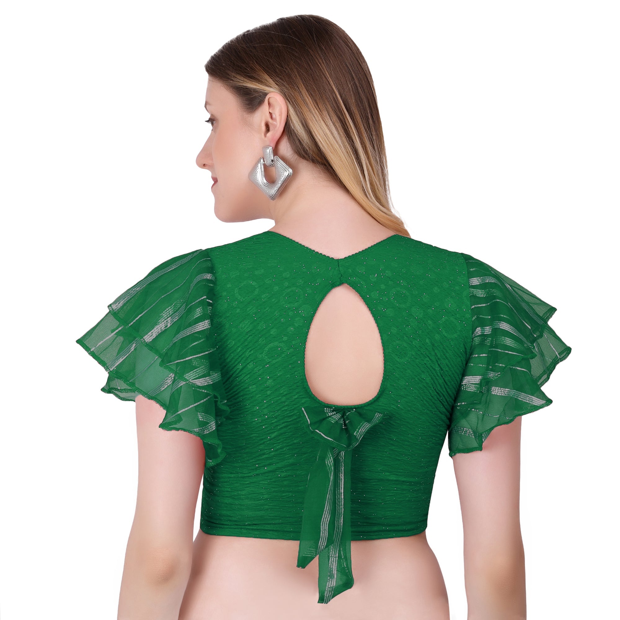 Vamika Crush Lycra Green Frill Sleeves Blouse