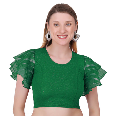 Vamika Crush Lycra Green Frill Sleeves Blouse