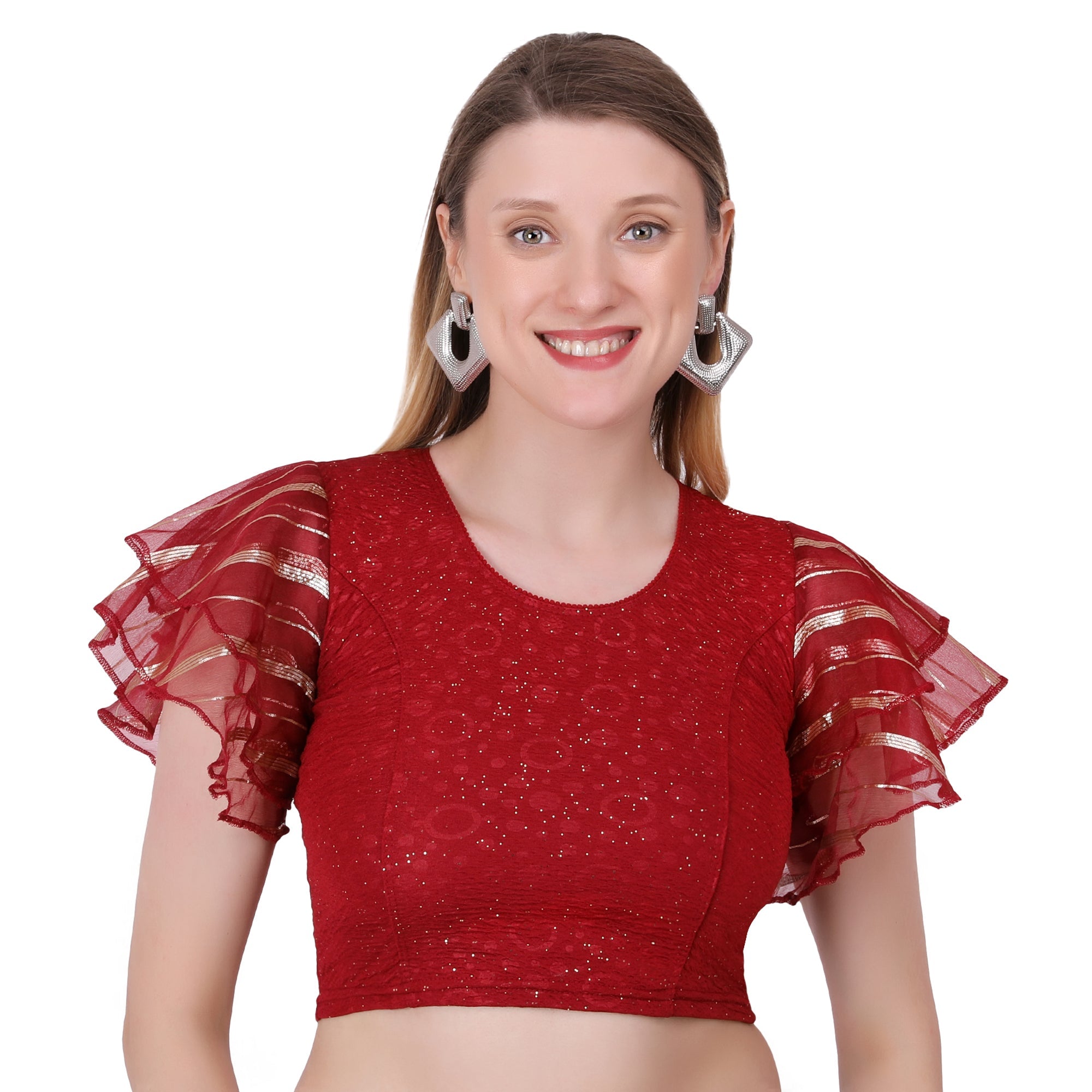 Vamika Crush Lycra Maroon Frill Sleeves Blouse