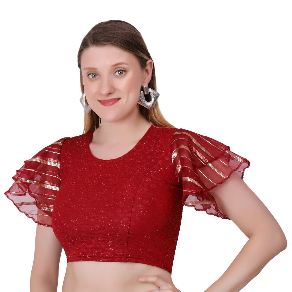 Vamika Crush Lycra Maroon Frill Sleeves Blouse
